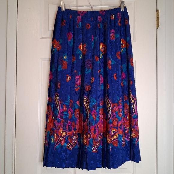 Vintage 80s/90s Paisley Floral Pleated Midi Skirt Royal Blue M - Picture 2 of 9